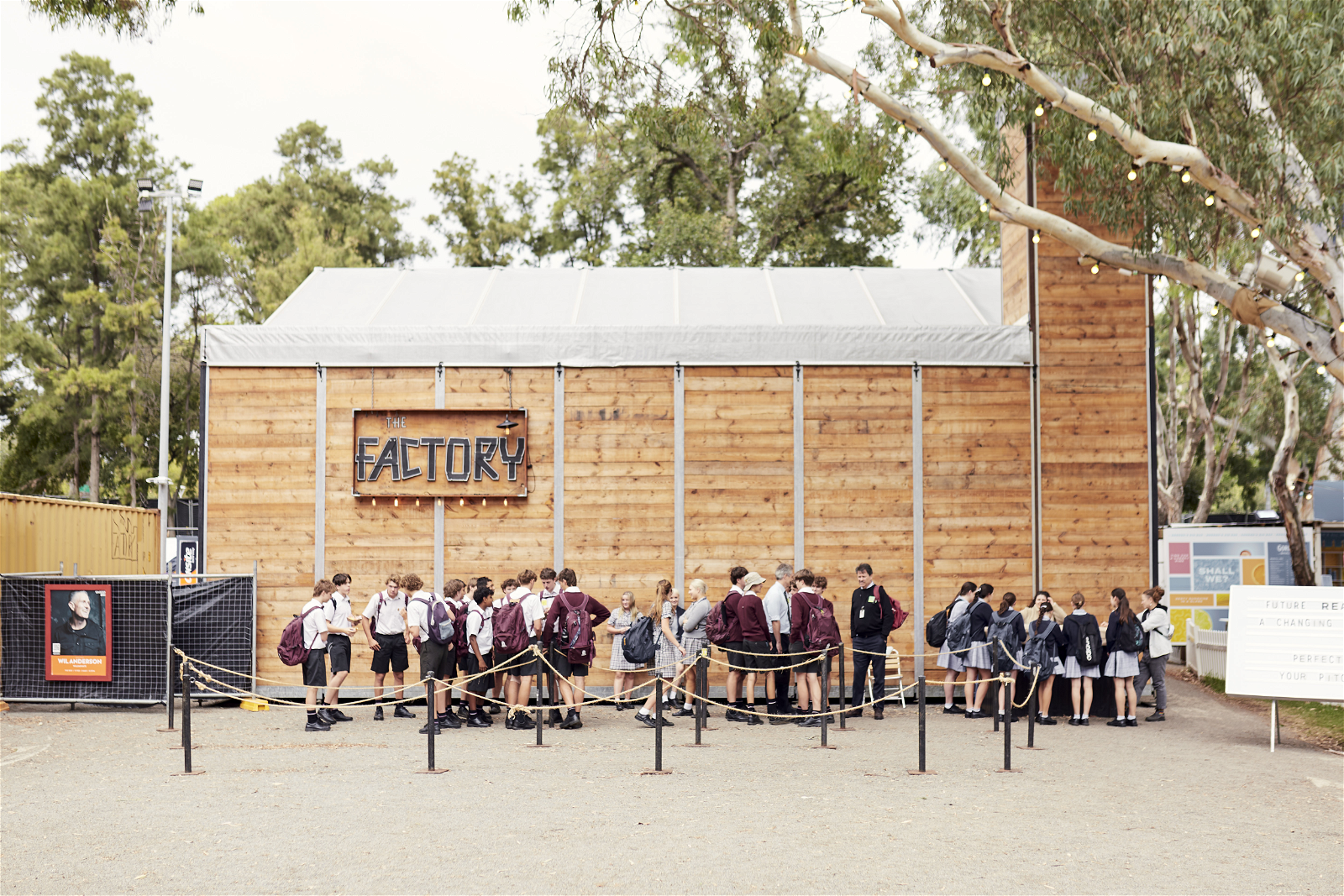 Students line up outside