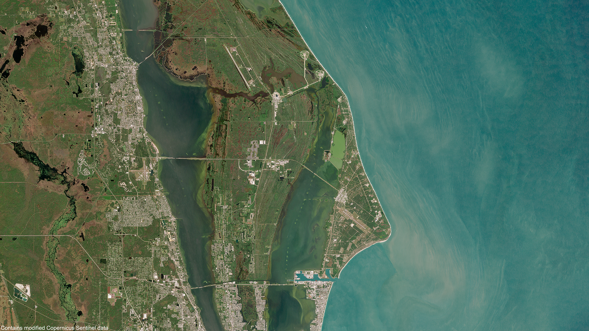 A Sentinel-2 satellite image of Kennedy Space Center and Cape Canaveral launch sites