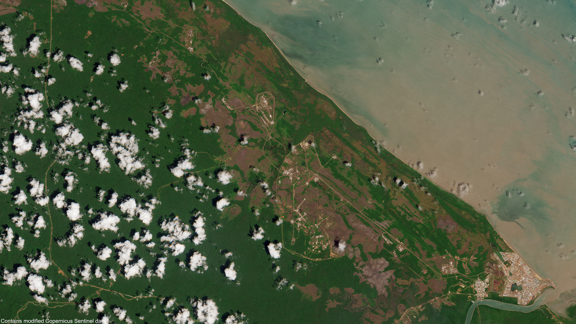 A Sentinel-2 satellite image of Guiana Space Center launch sites in the French Guiana