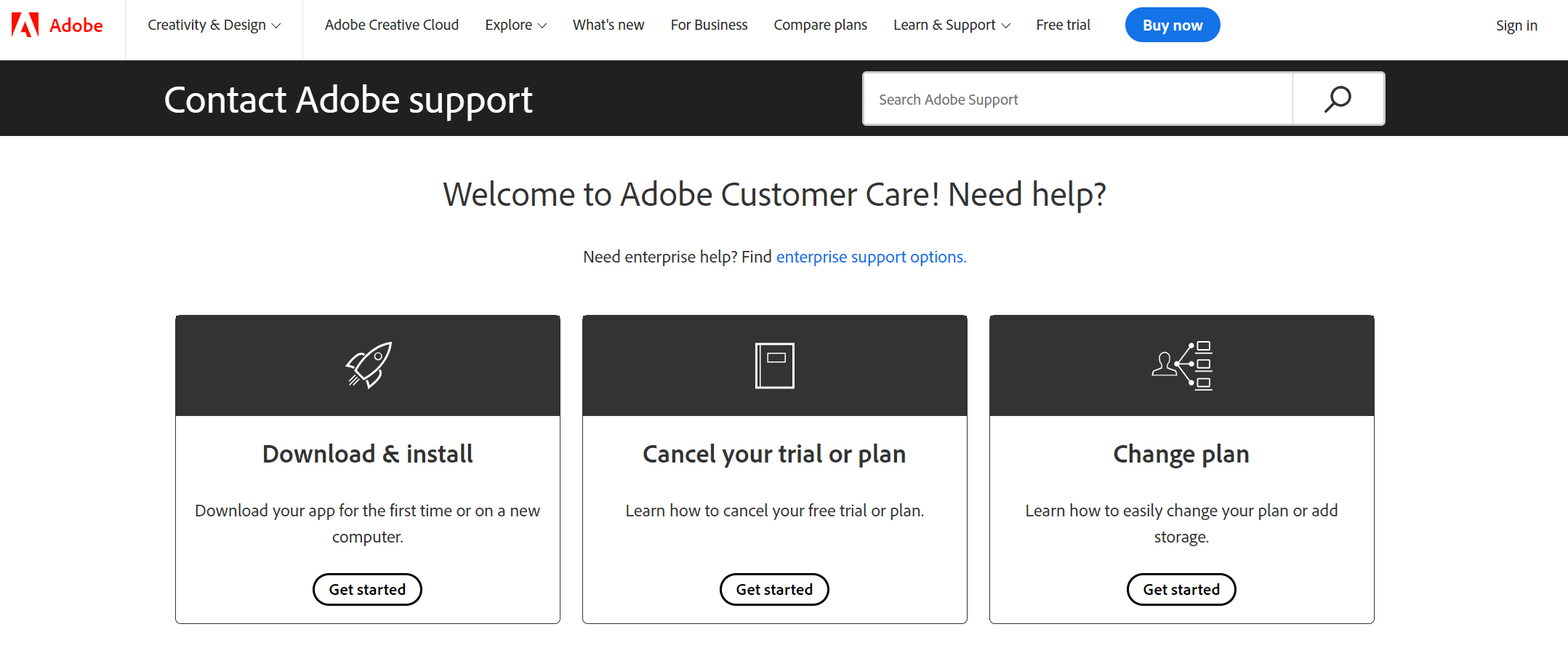 Adobe Customer Support page showcasing options for downloading, cancelling, and changing plans.