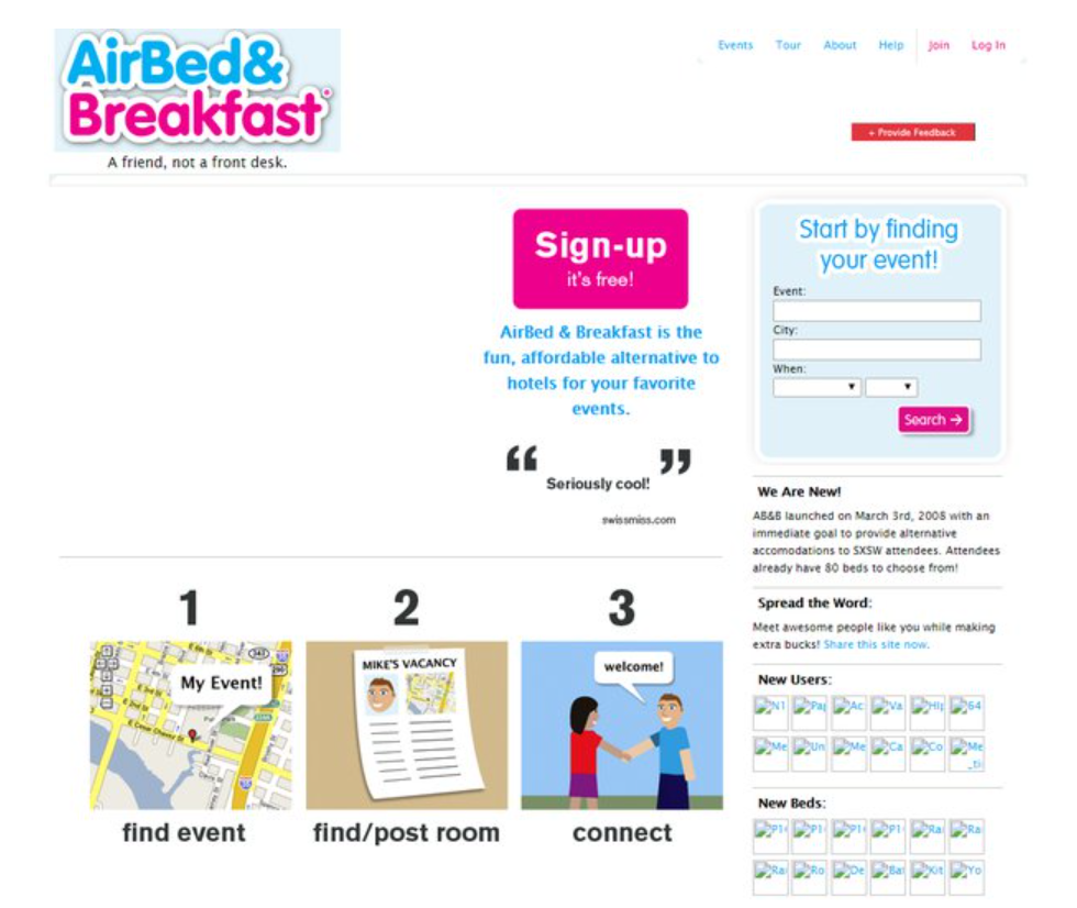 Screenshot of the original AirBed & Breakfast website, showcasing early features for finding and listing accommodations.