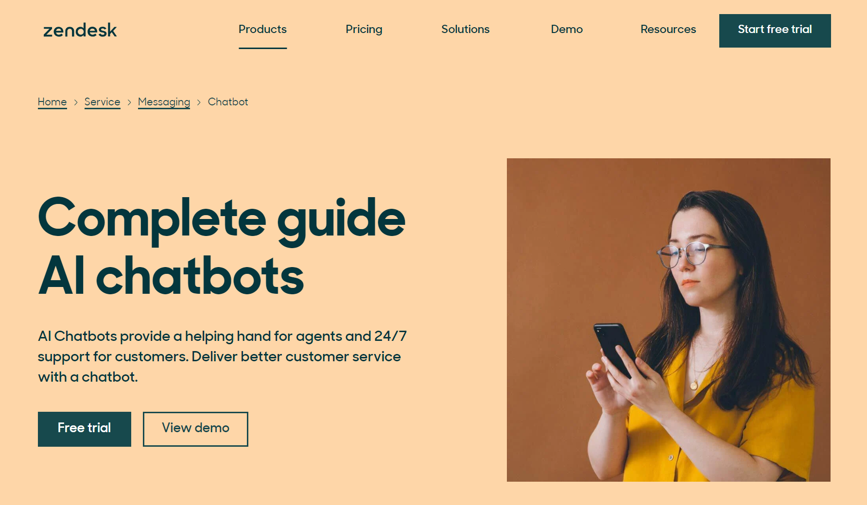 Zendesk's homepage showing a comprehensive guide to AI chatbots, covering all aspects and providing valuable insights