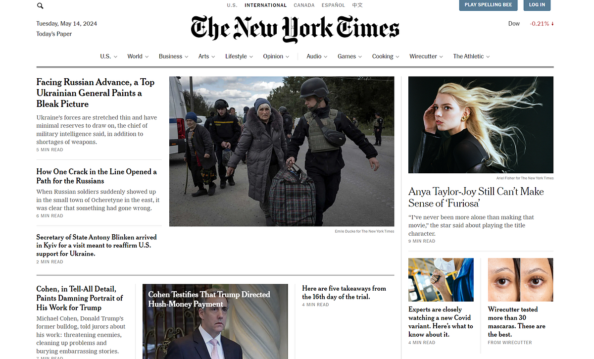 Screenshot of The New York Times homepage featuring multiple news articles and images showing interactive typography