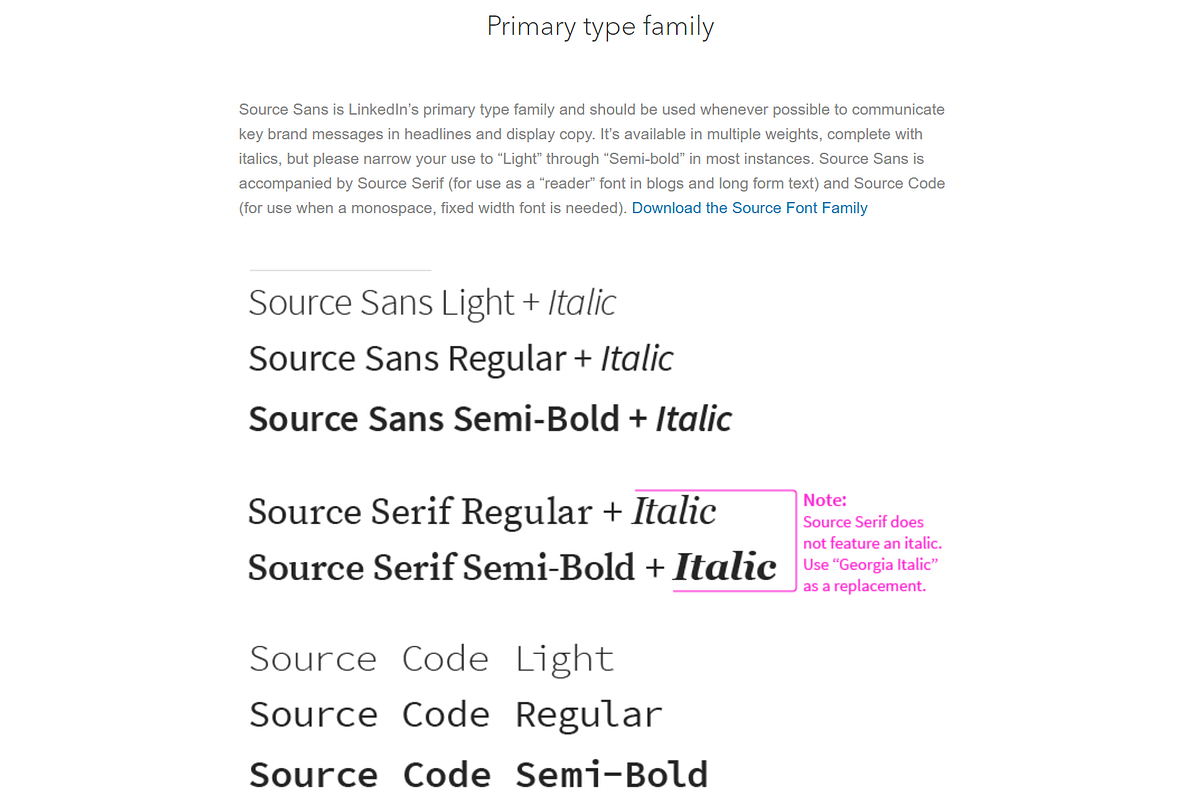 Display of LinkedIn's primary type family, Source Sans and Source Serif, in various weights and italics