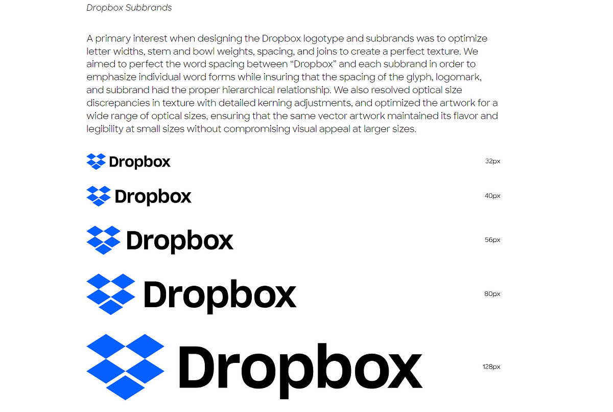 Examples of Dropbox logotype at various sizes, showing adjustments in typography for clarity