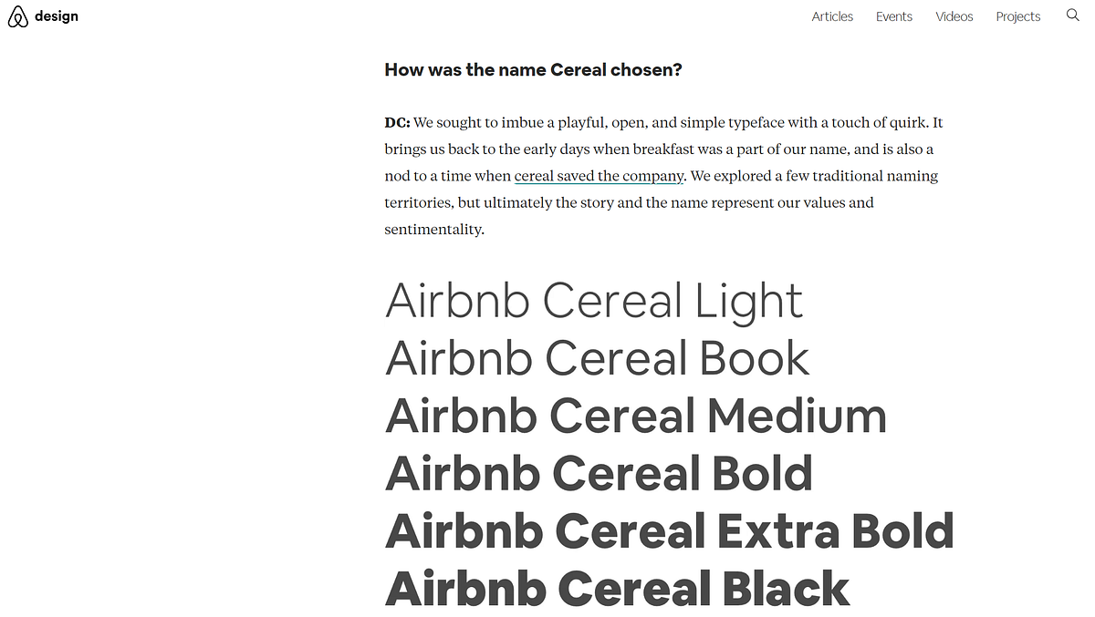 Display of Airbnb Cereal typeface in various weights from light to black on Airbnb's design page
