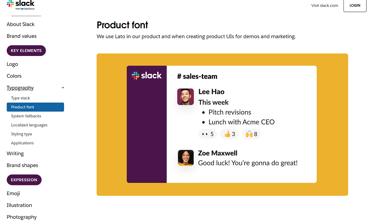 Slack's webpage showing 'Product font' section with an example of Lato font used in a demo chat interface