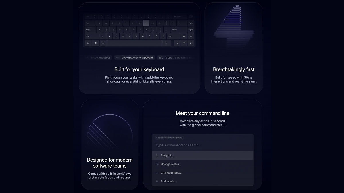 Dark-themed UI showcasing keyboard shortcuts, command line tool, and fast interaction for modern software teams