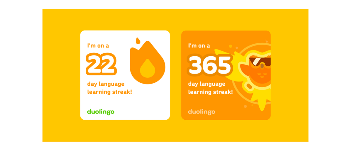 Duolingo achievement cards showing 22-day and 365-day language learning streaks