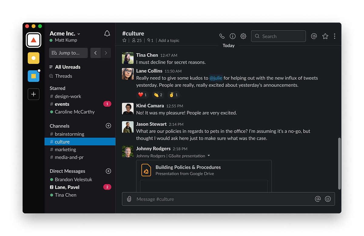 Screenshot of Slack interface in dark mode displaying various team communication channels