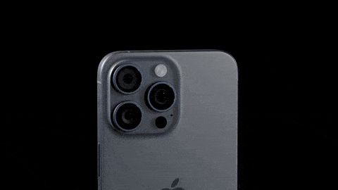 Rotating view of an iPhone showing its triple-camera system on a dark background