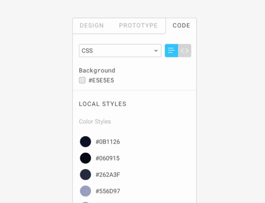 Figma design panel displaying CSS code, background color option, and color style selections