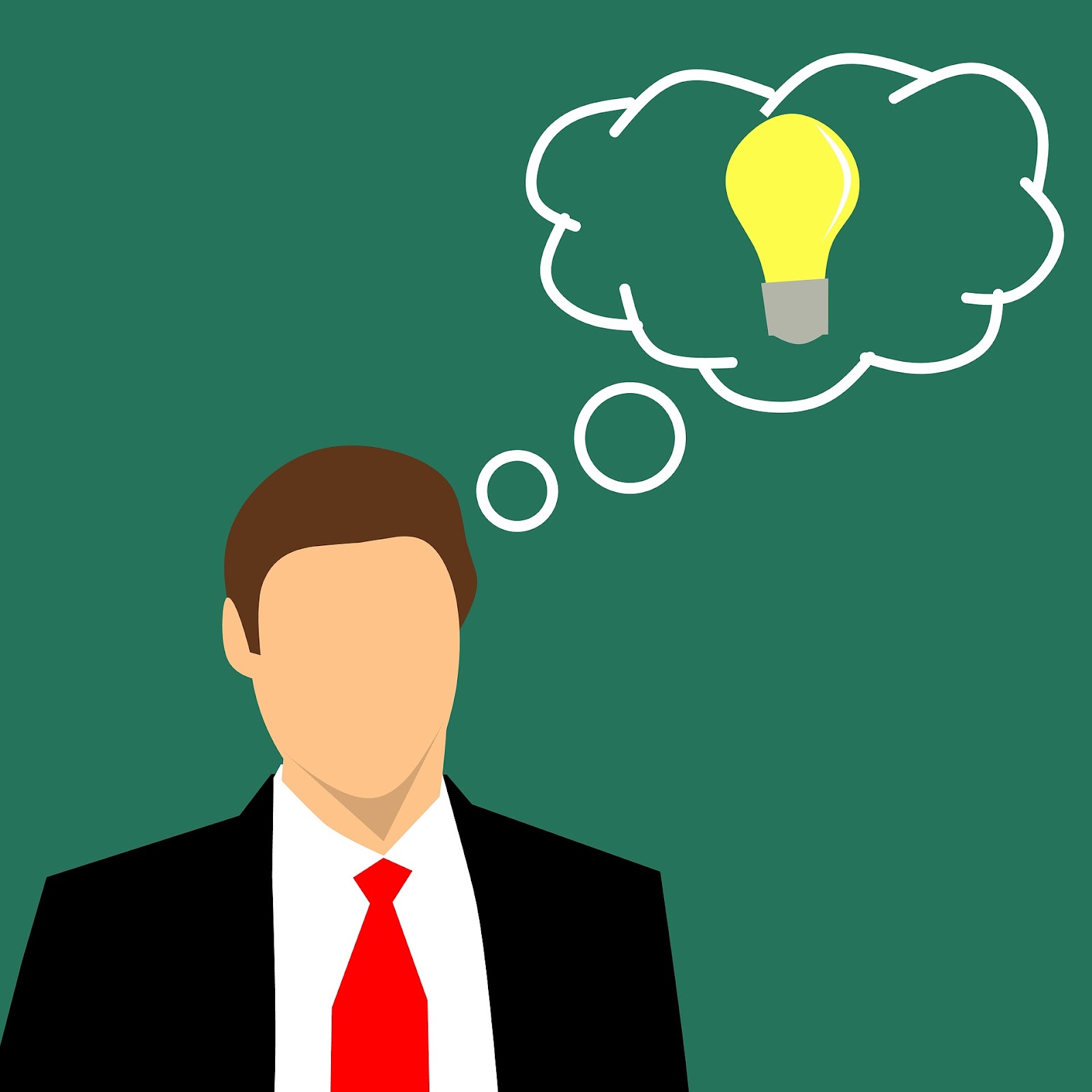 Graphic illustration of a man in a suit with a thought bubble that contains a lightbulb