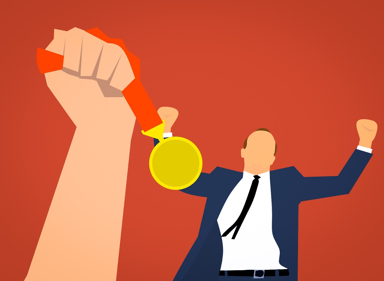 Graphic illustration of a hand holding gold medal with a man in a suit cheering in the background