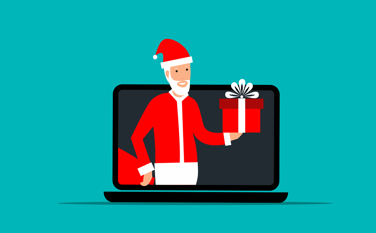 Graphic illustration of Santa on a computer screen holding a gift