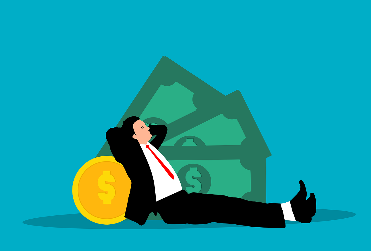 Graphic illustration of man in a suit leaning on money