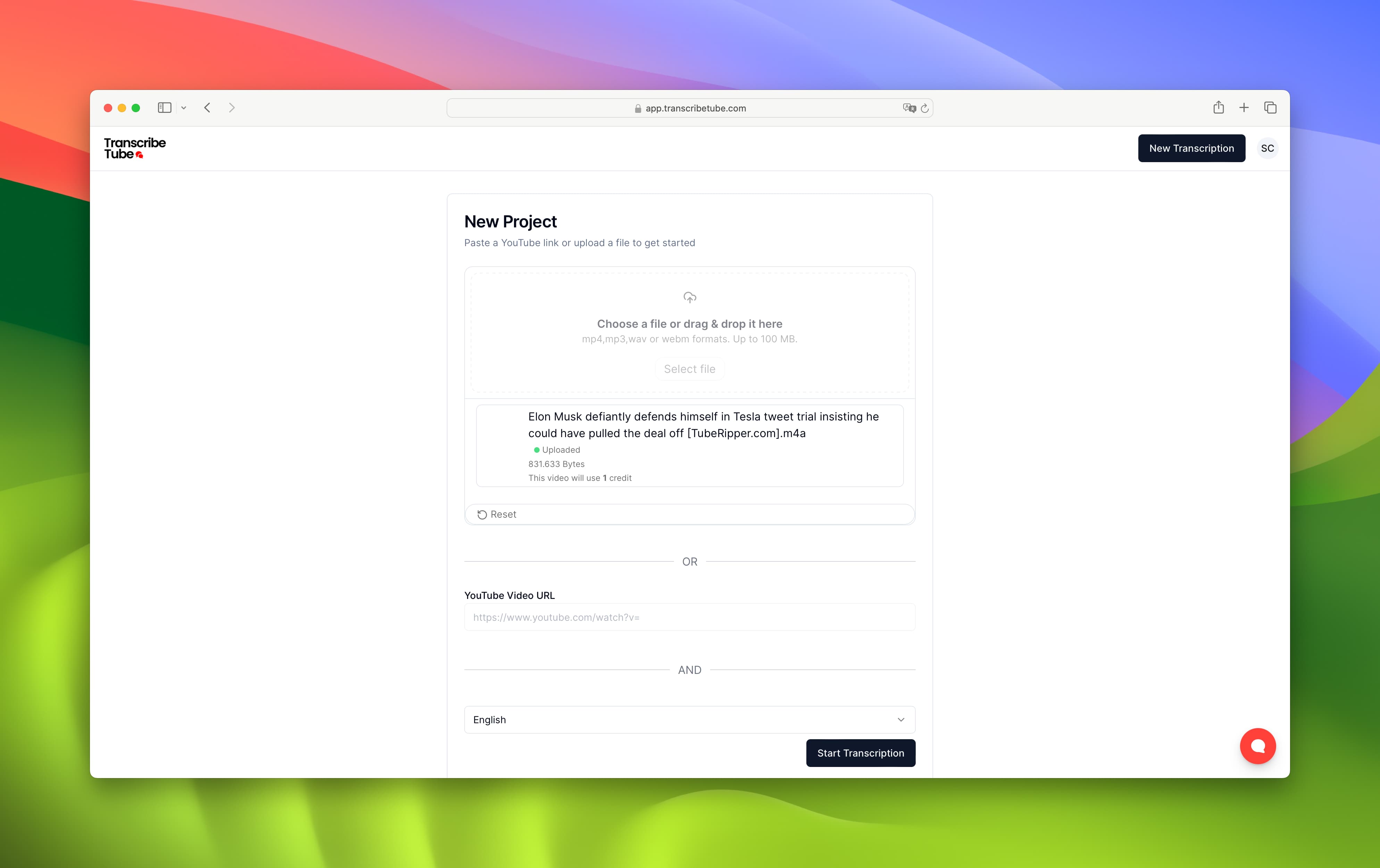 upload audio to convert text free on transcribetube.com