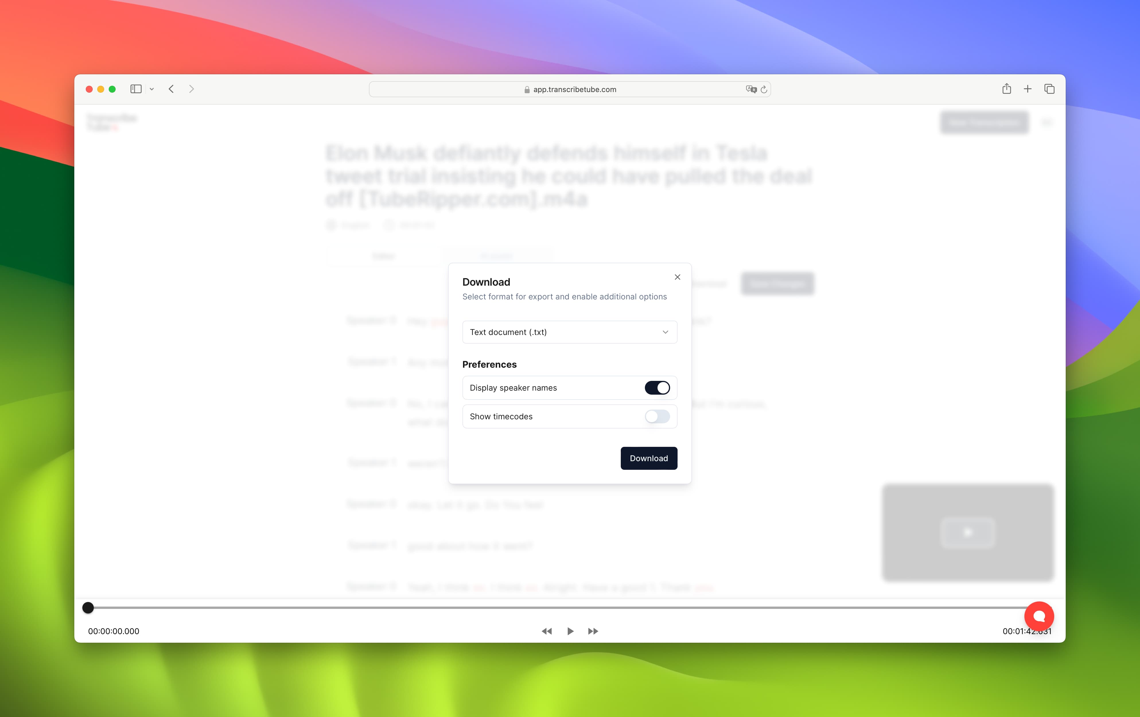 download transcription to text with some config