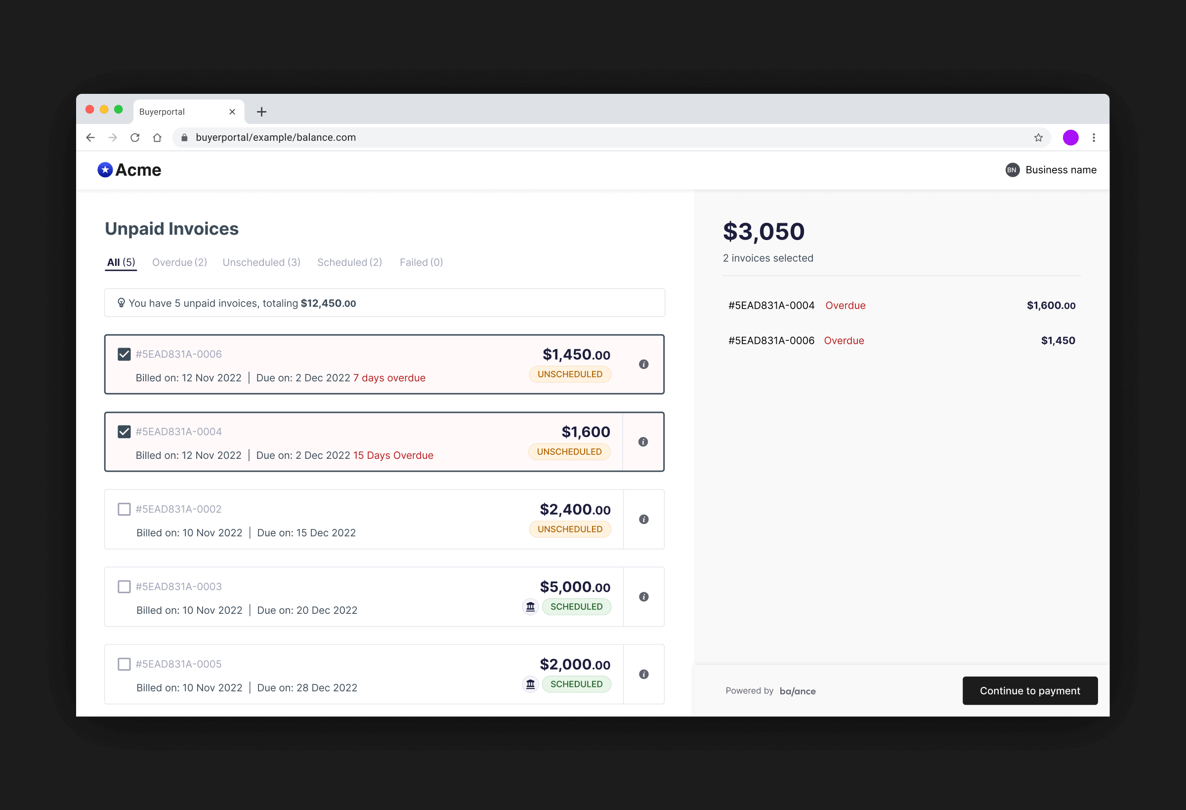 A screenshot of Balance's buyer portal, showing unpaid invoices.