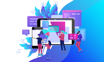 a group of people standing in front of a computer screen