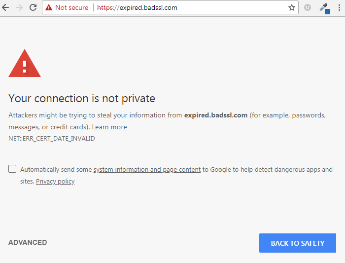Error message that displays when your SSL certificate is not properly setup