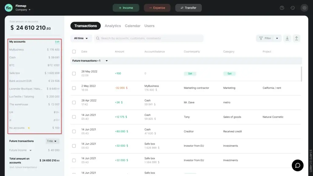 Accounts panel in Finmap
