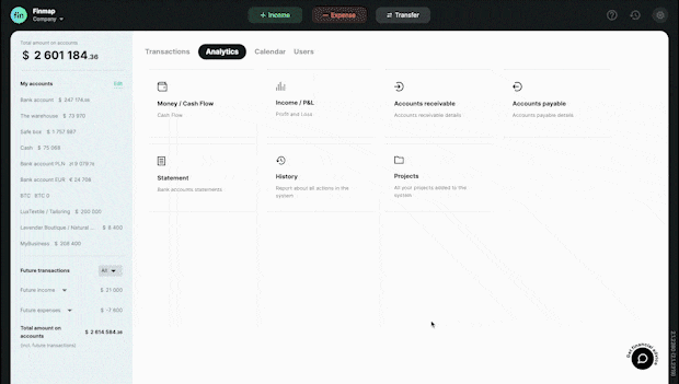 Cash Flow report in Finmap