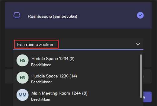 Schermopname van de zoekbalk voor de optie Audioruimte in het vooraf gekoppelde scherm van de Teams-vergadering.