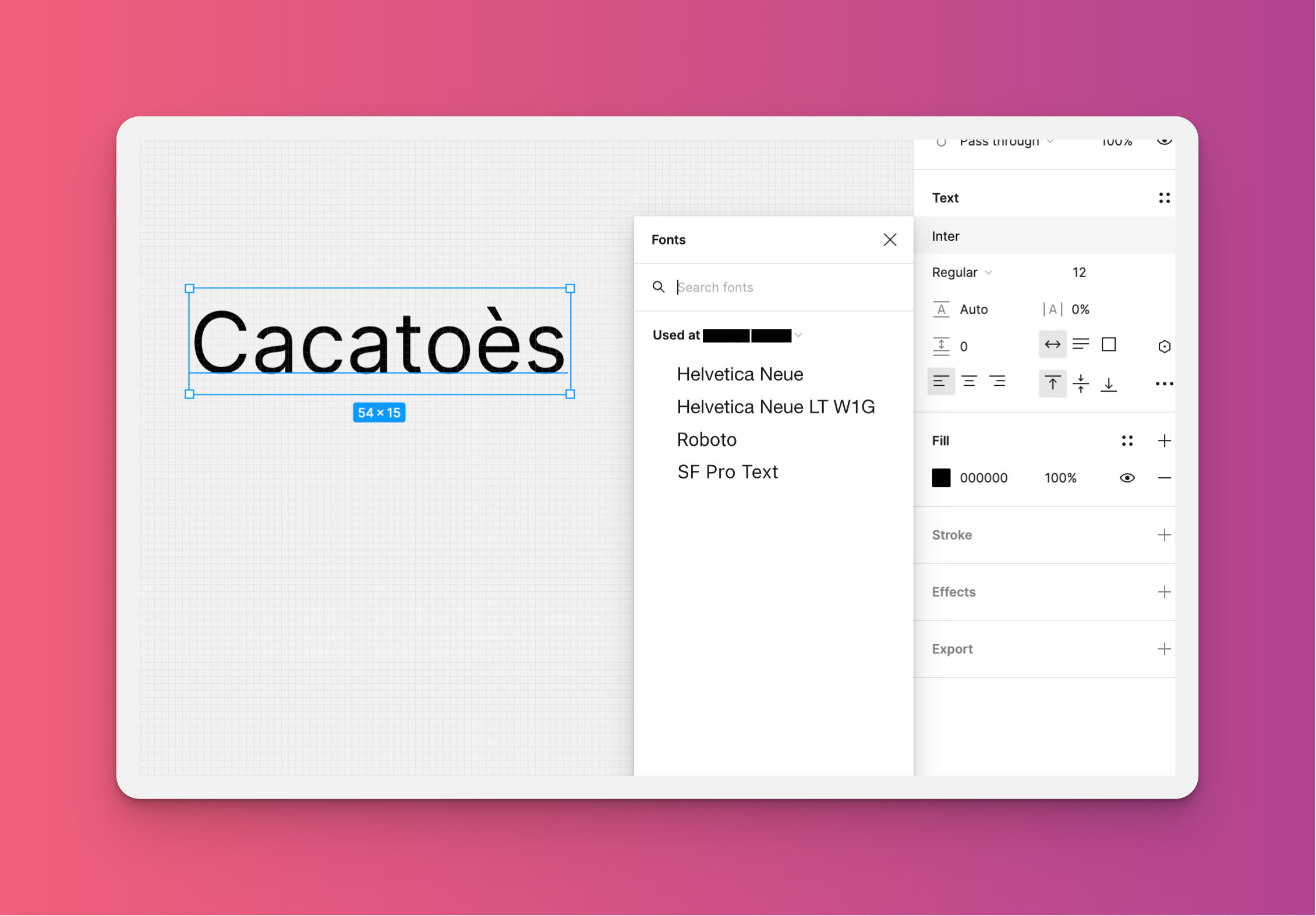 Interface Figma permettant de choisir une typographie