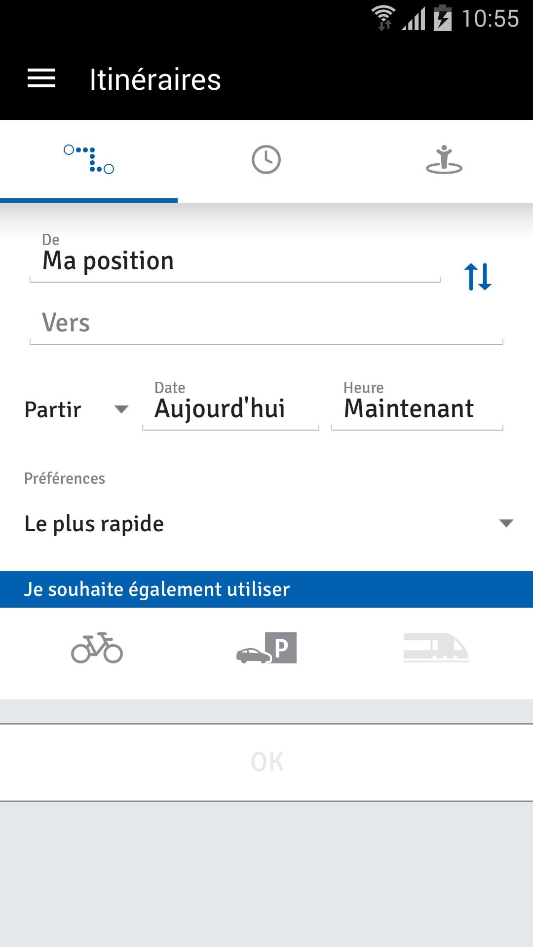 Capture d'écran de la page "Itinéraires" de l'application TaM