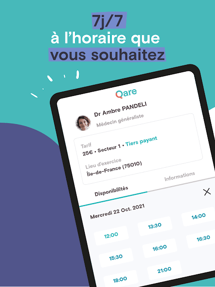 Capture d'écran de l'application Qare, interface permettant de prendre un rendez-vous médical