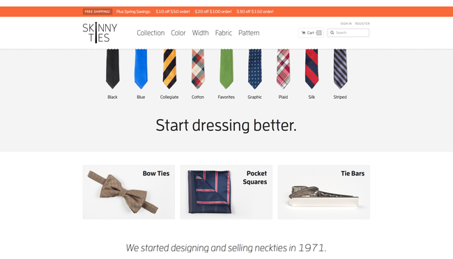 Obchod Skinny ties sází na jednoduchý grafický design a rozložení stránky.