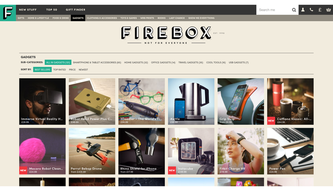 Hlavní strana e-shopu Firebox - vyberte si kartu.