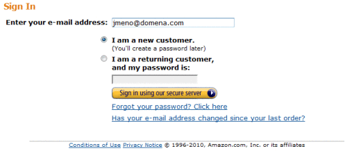 Amazon.com, Přihlášení zákazníka nebo registrace nového