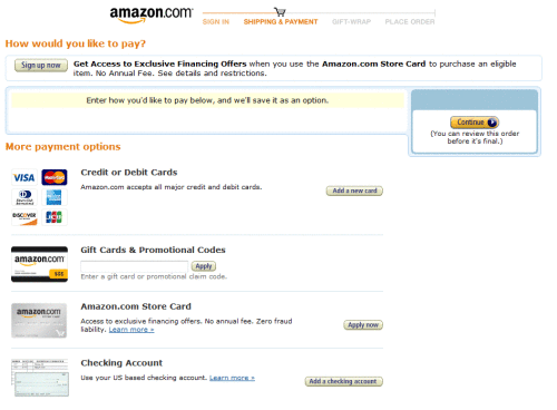 Možnosti platby na e-shopu Amazon.com, předposlední možnost: Amazon.com Store Card