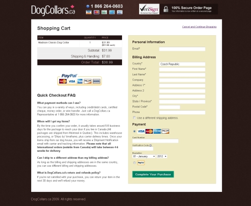 Na (velikostí drobném) e-shopu Dogcollars.ca je objednávka pouze v jednom kroku
