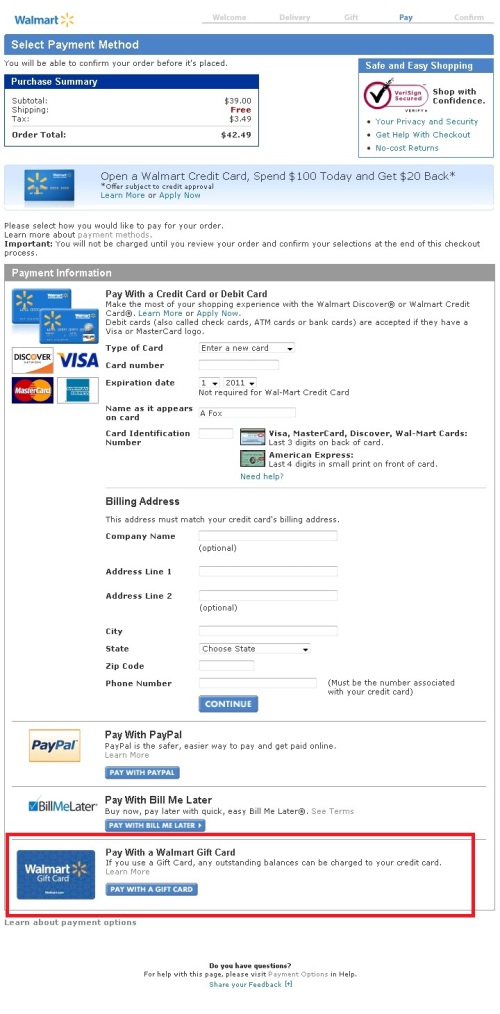 Walmart.com, možnosti platby – mezi nimi i Walmart Gift Card
