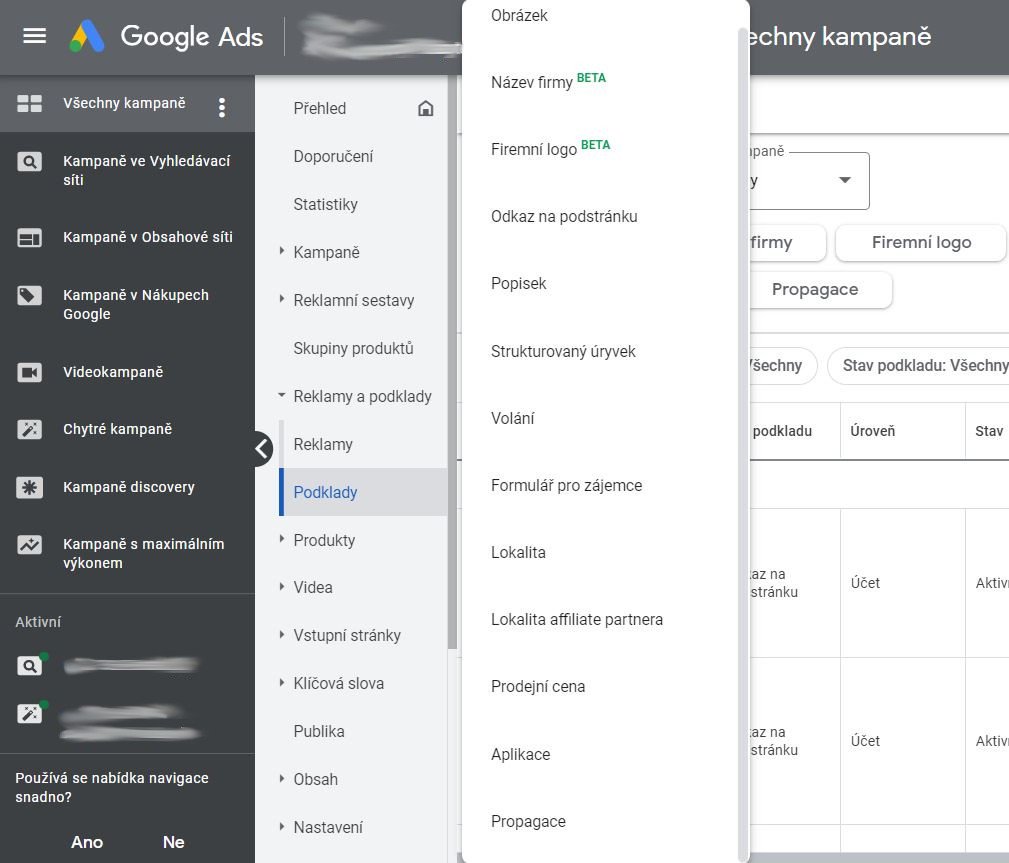 Obr. 2: Nové možnosti podkladů reklam – Název firmy a Firemní logo