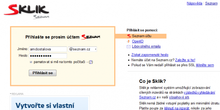 Obr. 2 - Přihlášení do Skliku
