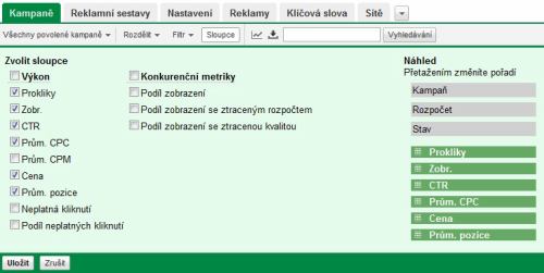 Nastavení sloupců přehledu