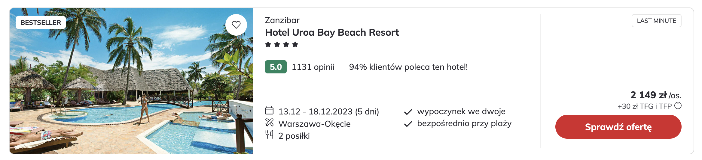 Hotel Uroa Bay Beach Resort, Zanzibar, 2149 PLN/os
