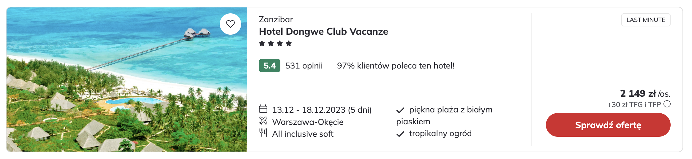 Hotel Dongwe Club Vacanze, Zanzibar, 2149 PLN/os