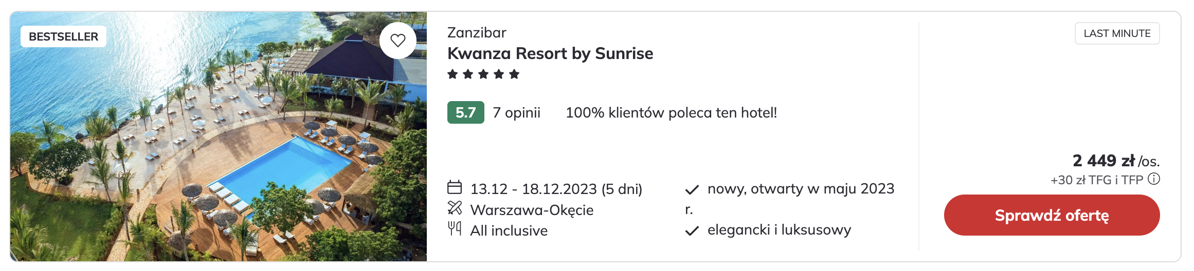 Kwanza Resort by Sunrise, Zanzibar, 2449 PLN/os