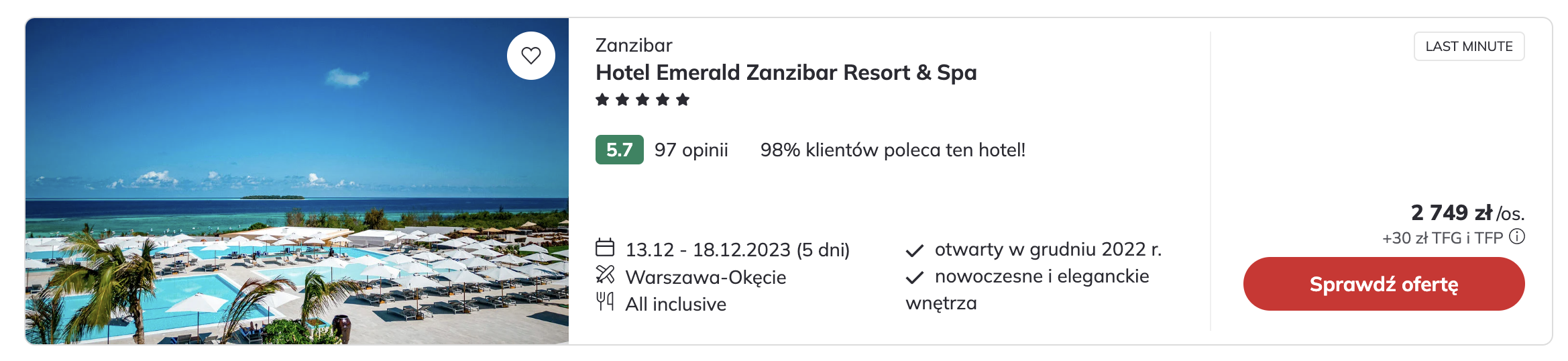 Hotel Emerald Zanzibar Resort & Spa, Zanzibar, 2749 PLN/os