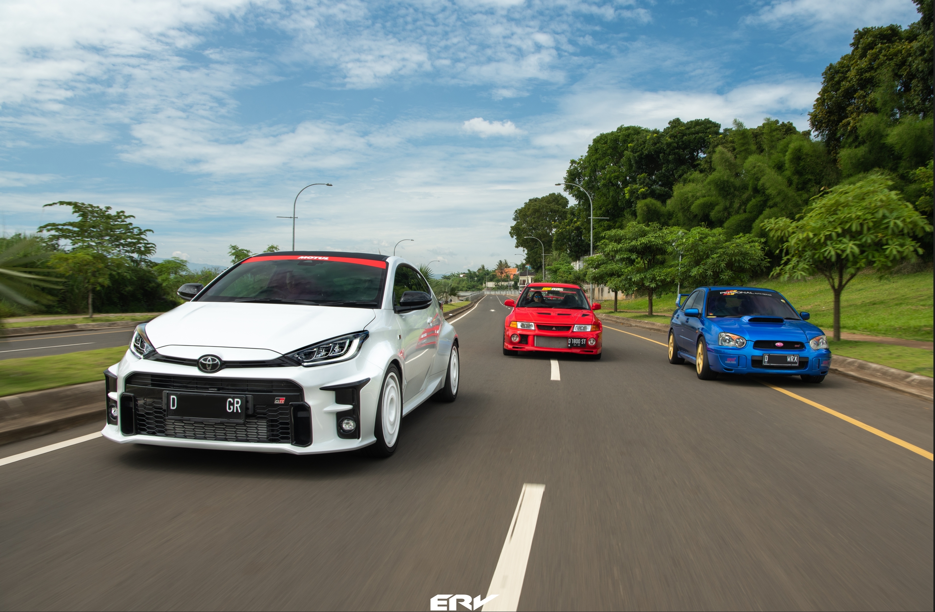 Toyota Yaris GR, Mitsubishi EVO 6, and Subaru STi 