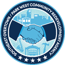 Logo featuring handshake in front of a cityscape with a bus, bicycle, and house illustrations encircled by the text Southeast Overtown/Park West Community Redevelopment Agency.
