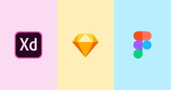 Illustration des 3 outils consécutifs : Adobe Xd, Sketch et Figma