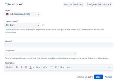 Le template de création d’un ticket sur Jira