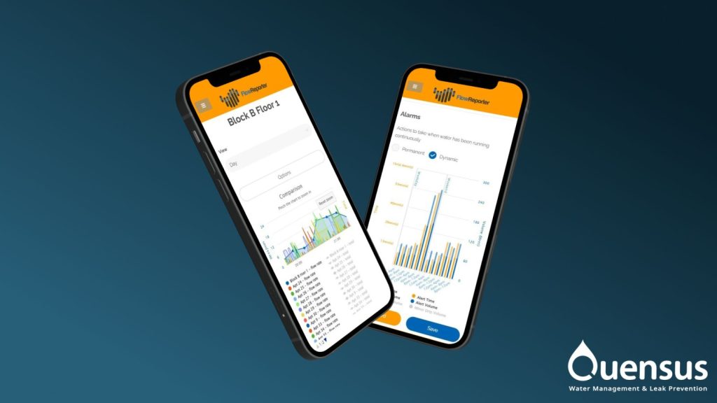 FlowReporter screens showing consumption for many properties and the result of learning mode