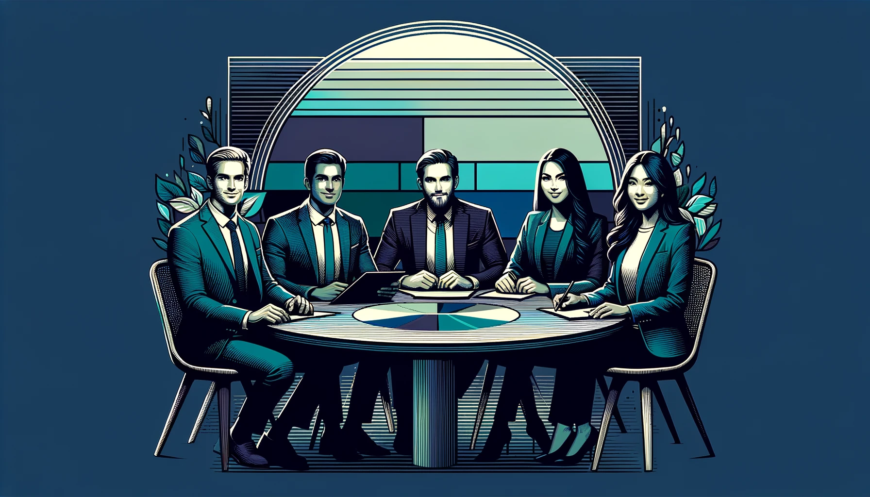 Artwork of a smaller, friendly group of four diverse people seated at a round table, all looking towards the camera, depicting a board of directors. The scene is set in a darker atmosphere. The group includes two men and two women of various ethnicities, dressed in business attire, suggesting a professional yet approachable vibe. The round table setting emphasizes intimacy and collaboration. The color scheme integrates brand colors of TradersPost: rich blue (#3b4bd3), vibrant teal (#03d3ab), dark gray (#1f2937), and light mint green (#e3f6f5), creating a cohesive and branded look.